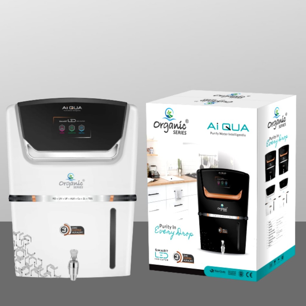 AiQUA Organic Series water purifier beside its carton