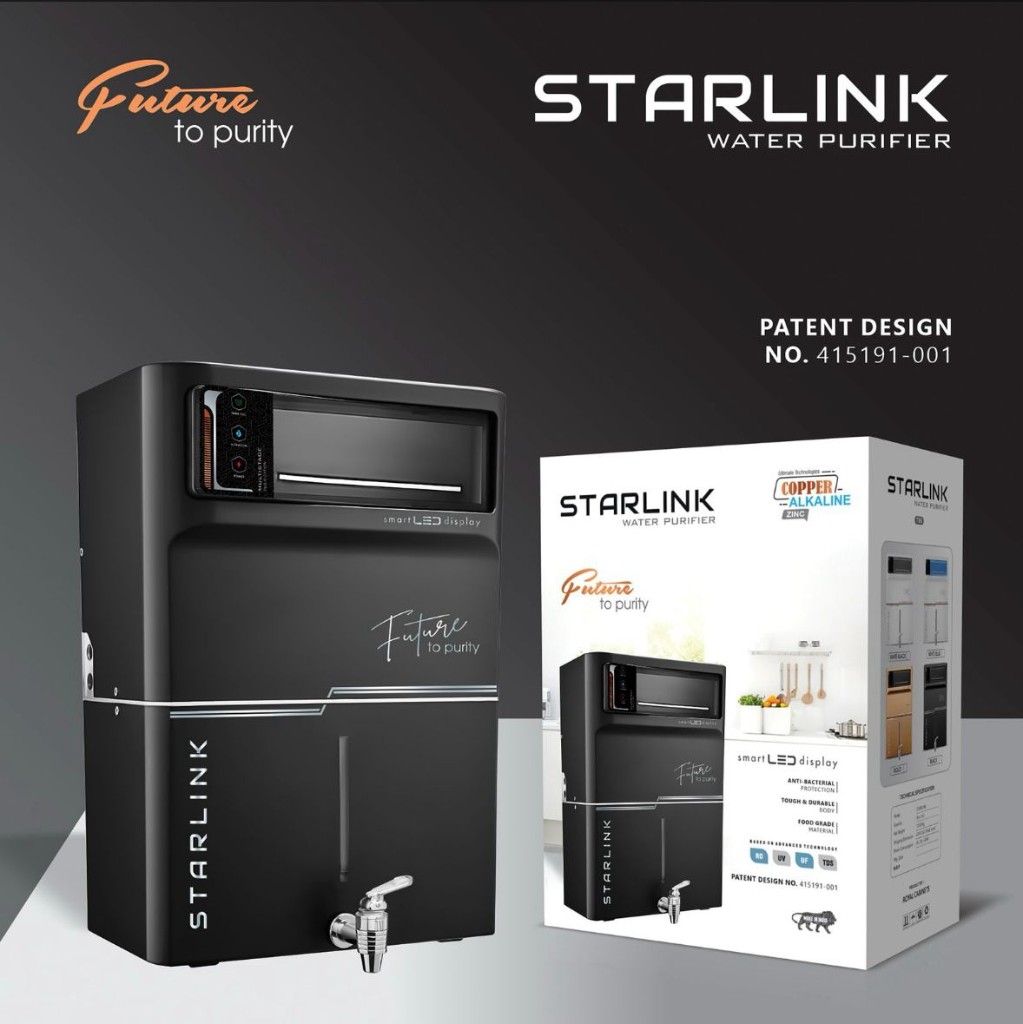 Black Starlink water purifier with its carton
